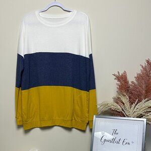 White, Blue and Yellow Striped Oversized Top with Pockets